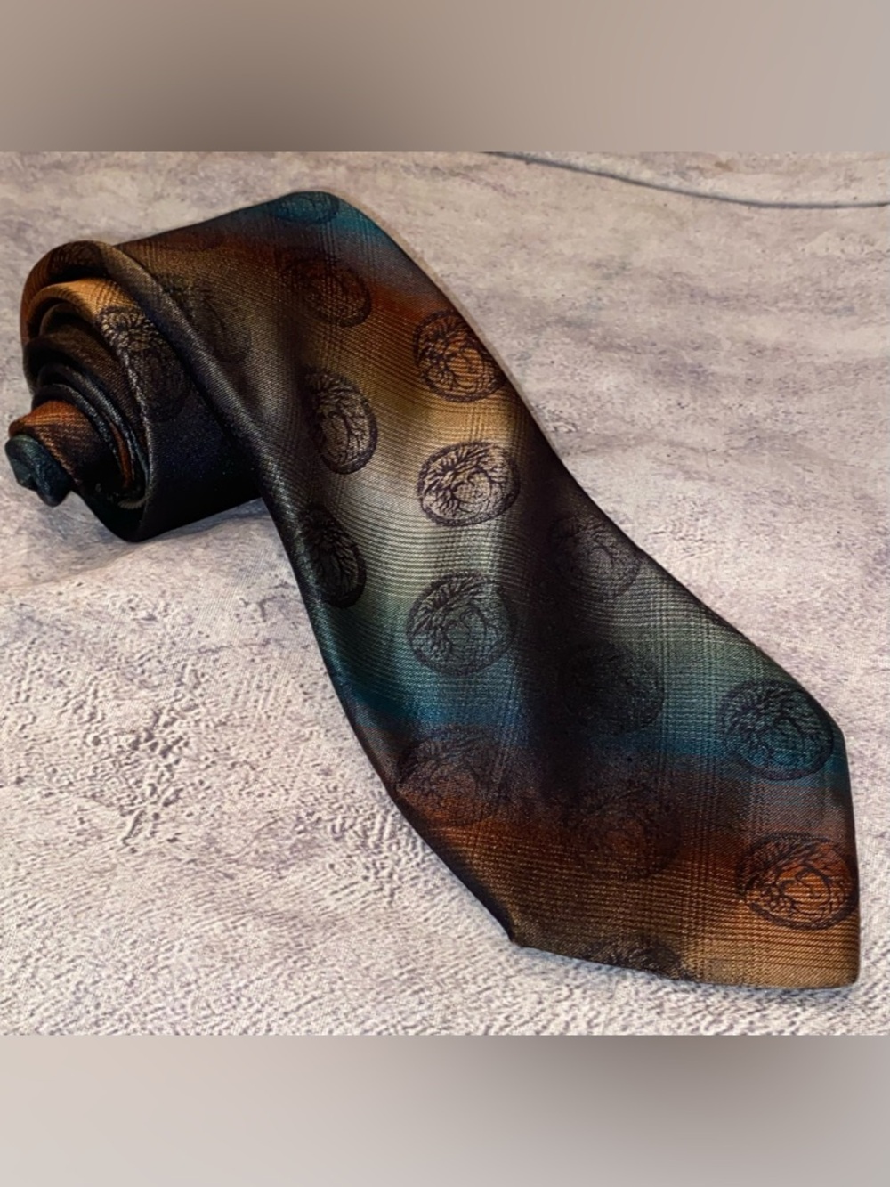 Gianni Versace Medusa Head Logo Silk Tie AOP Logomania Italy Iridescent Vintage